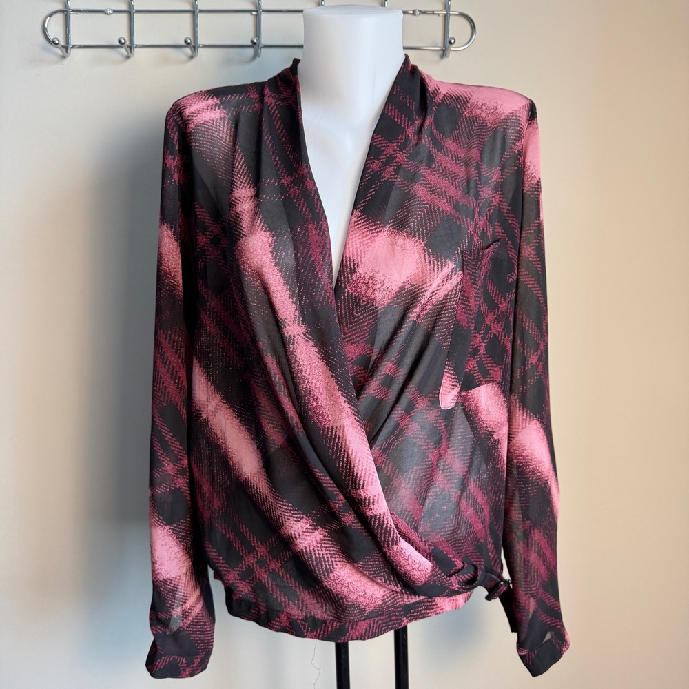 Le Chateau Women's Long Sleeve Sheer Blouse Chiffon Draped Wrap V-Neck Small Y2K